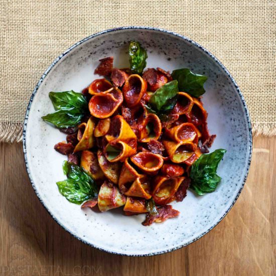 Spinach and Paprika Funghini Arrabb - Recipe photo by pastaetal
