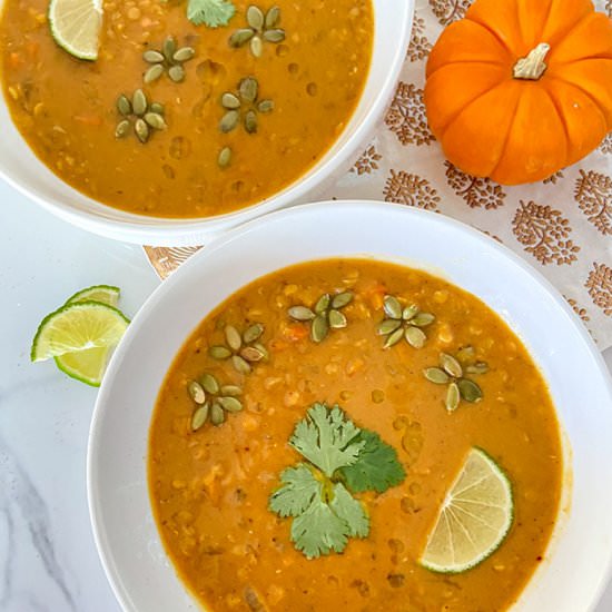 Vegan Lentil Pumpkin Soup - Recipe photo by mysavoryadventures