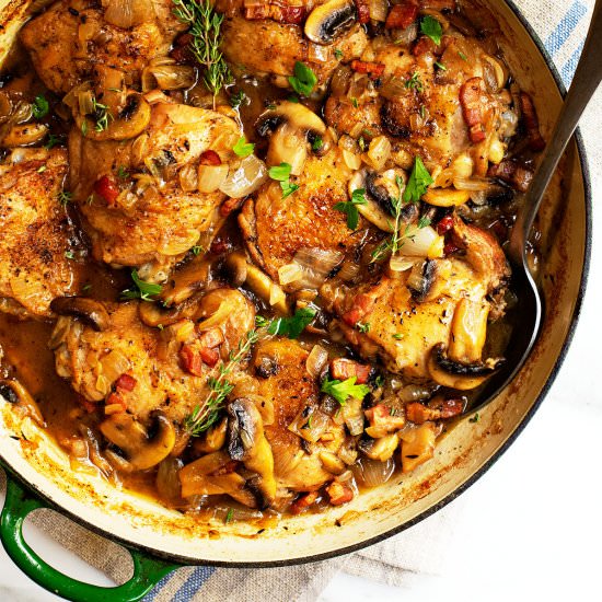 Coq au Vin Blanc - Recipe photo by PinchandSwirl