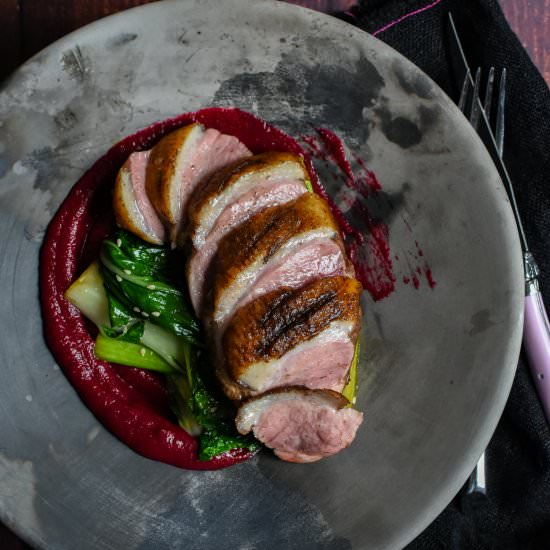 Duck, Asian Greens & Beet Ketchup - Recipe photo by AnotherFoodBlogger