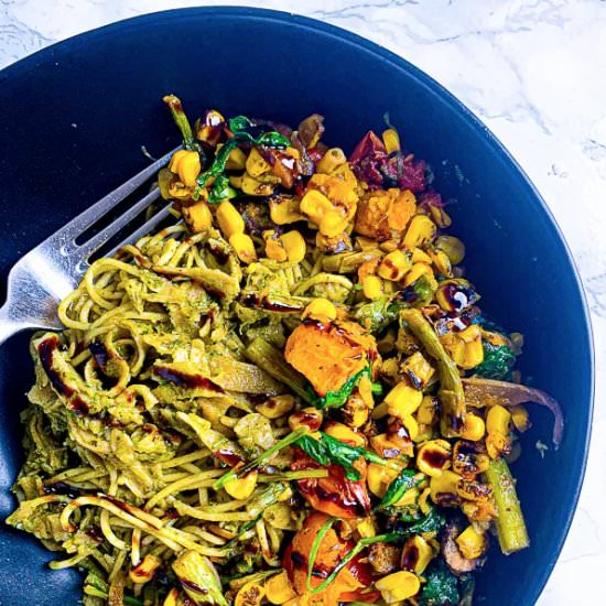 Roasted Fall Veggie Pesto Pasta - Recipe photo by girlaboutgreens