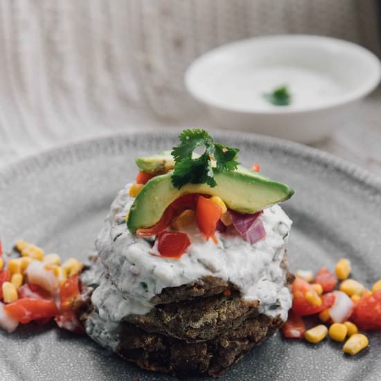 Black Bean Cakes w/ Salsa + Yogurt - Recipe photo by gourmetvegetarians