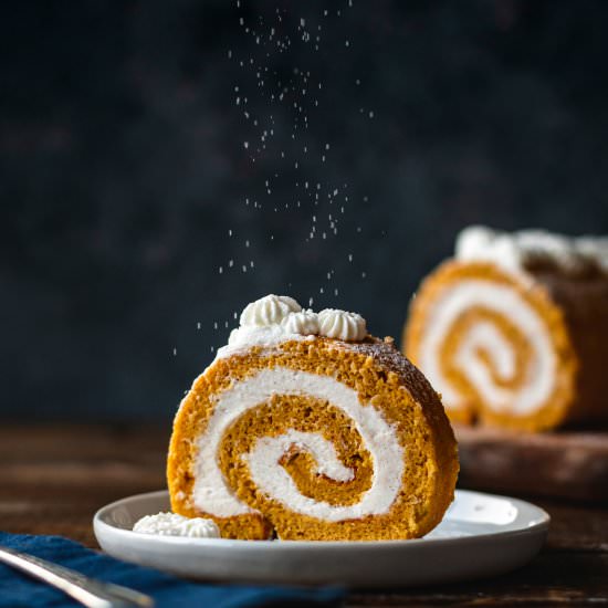 Pumpkin Roll with Whipped Cream - Recipe photo by bakingistherapy
