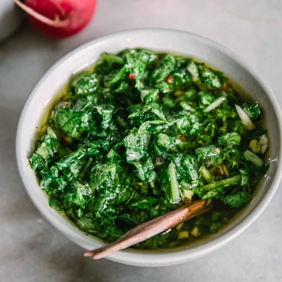 Radish Greens Chimichurri - Recipe photo by forkintheroad