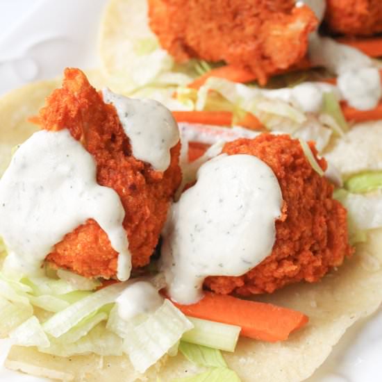 Buffalo cauliflower tacos - Recipe photo by DamnTastyVegan