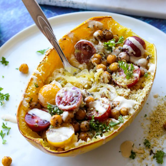 Tahini Alfredo Spaghetti Squash - Recipe photo by upbeetkitchen