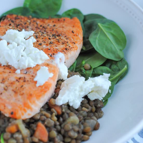 Salmon with Lentils & Goat Cheese - Recipe photo by never any thyme