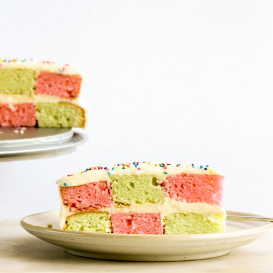 Checkerboard Cake - Recipe photo by The Desserted Girl
