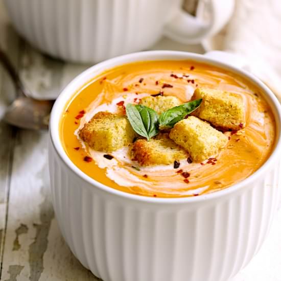 Creamy Roasted Tomato Basil Bisque - Recipe photo by fromachefskitchen