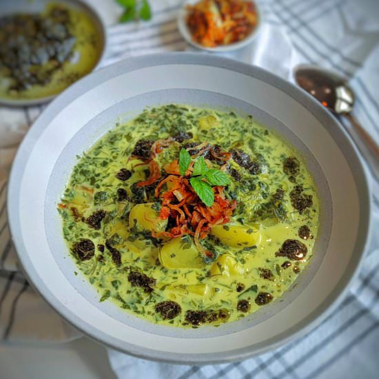 Fresh herbs, potato, egg drop soup - Recipe photo by The Caspian Chef