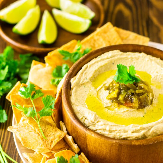 Hatch Green Chile Hummus - Recipe photo by Burrata and Bubbles