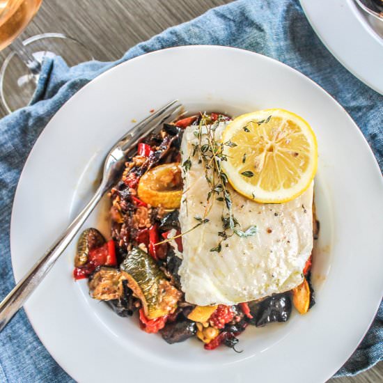 Sheet Pan Ratatouille with Halibut - Recipe photo by Allons-Eat