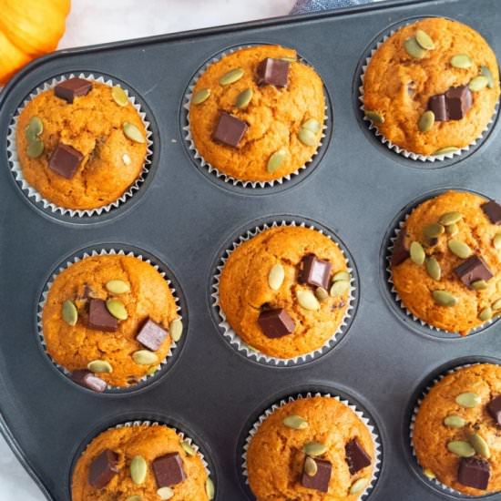 Pumpkin Chocolate Chunk Muffins - Recipe photo by Herbs and Flour