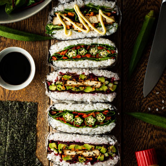 Onigirazu with Okra & Smoked Tofu - Recipe photo by cheflukaszbabral