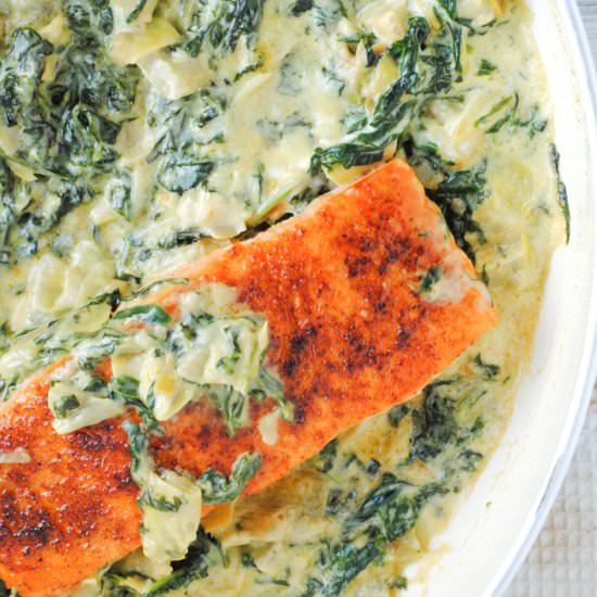 Creamy Spinach Artichoke Salmon - Recipe photo by never any thyme