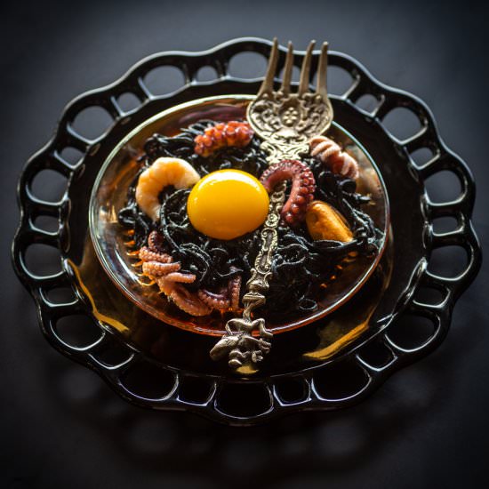 Squid Ink Pasta with Seafood - Recipe photo by primalwellnesscoach