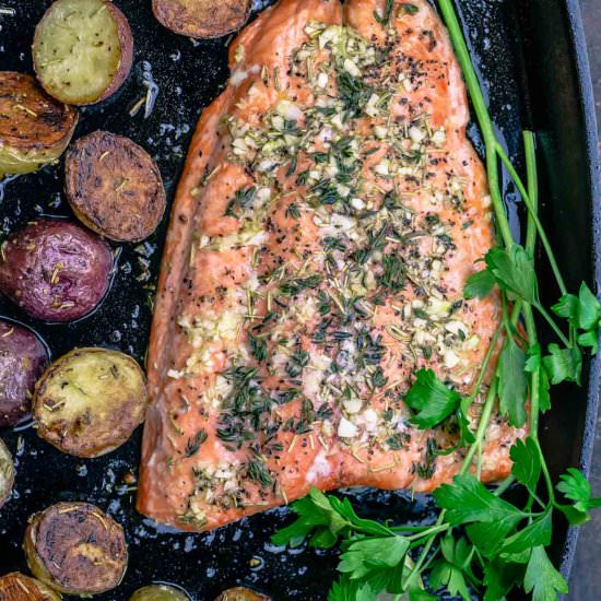 Slow Roasted Salmon & Potatoes - Recipe photo by The Mediterranean Dish