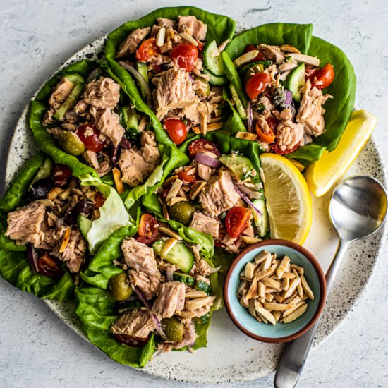 mediterranean tuna lettuce cups - Recipe photo by killingthyme