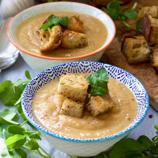 Roasted Celeriac Sweet Potato Soup - Recipe photo by joskitchenlarder