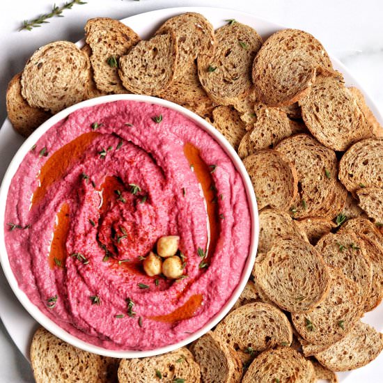 Creamy Beet Hummus - Recipe photo by Donut Worry Be Healthy