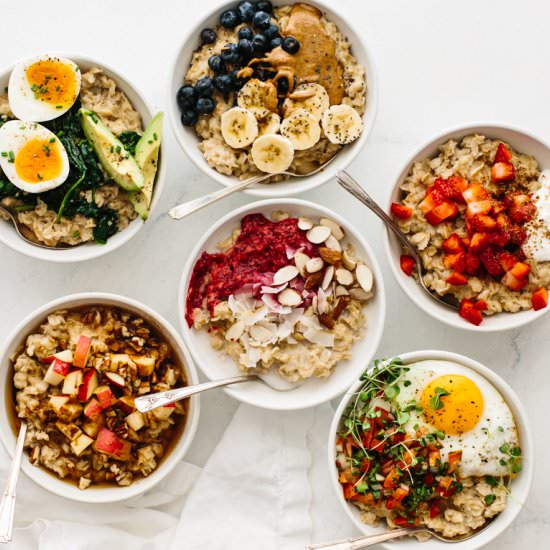 Creamy Oatmeal + Healthy Toppings - Recipe photo by Downshiftology