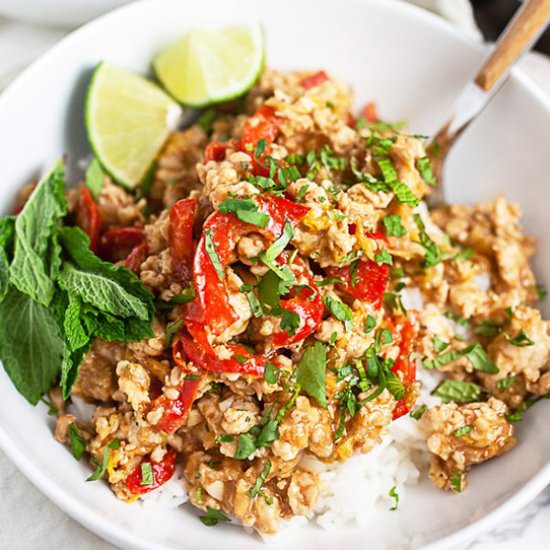 Sesame Ground Chicken Rice Bowls - Recipe photo by therusticfoodie