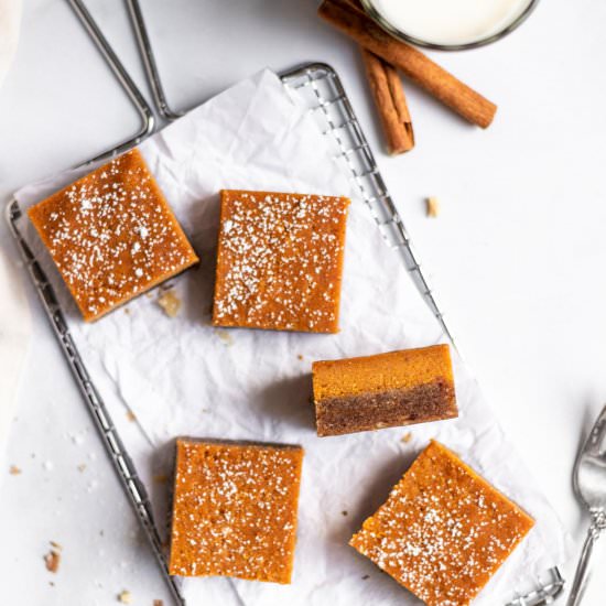 NO BAKE Pumpkin Pie Bars - Recipe photo by Donut Worry Be Healthy