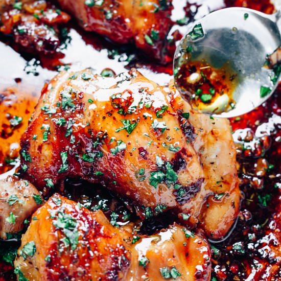 Baked Honey Garlic Chicken Thighs - Recipe photo by MunchkinTime