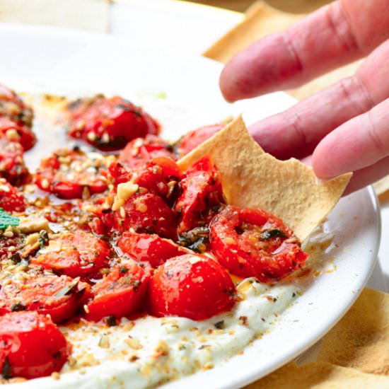 Labneh with Garlicky Tomatoes - Recipe photo by hadias lebanese cuisine