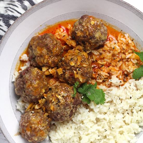 Curried Meatballs and Rice - Recipe photo by suebeehomemaker