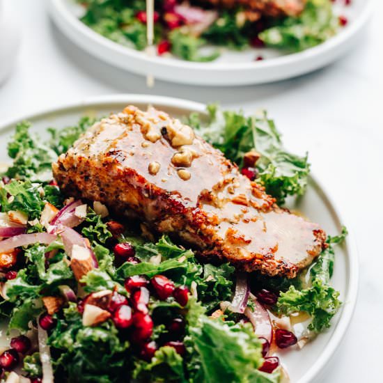 Almond Crusted Salmon Kale Salad - Recipe photo by MunchkinTime