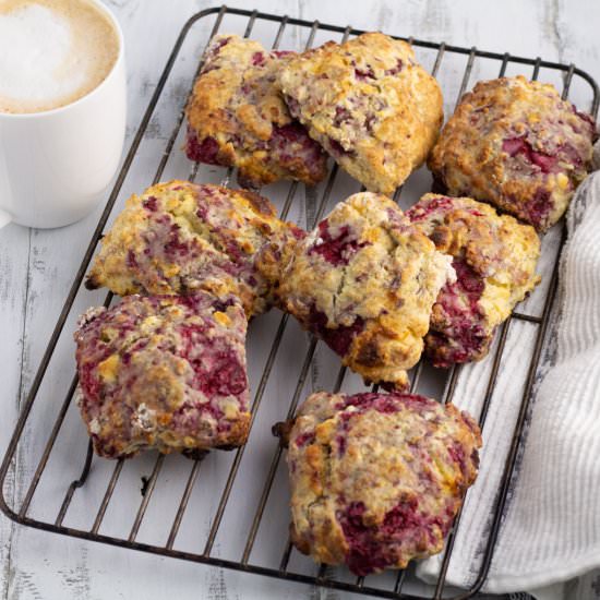 Raspberry & White Chocolate Scones - Recipe photo by icingonthesteak