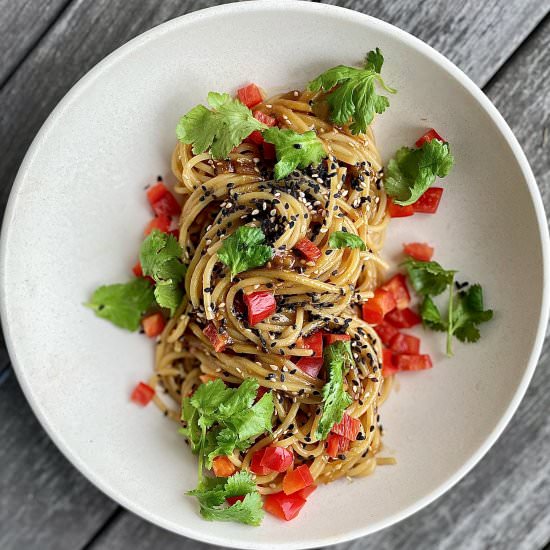 warm peanut noodles with veggies - Recipe photo by Jackie Newgent