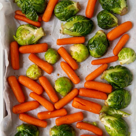 Roasted Carrots and Brussels Sprout - Recipe photo by travelingspiceco