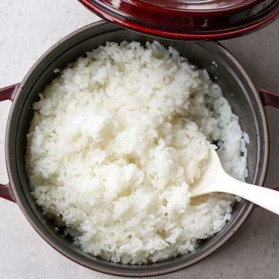 Japanese short grain rice on stove - Recipe photo by chefjacooks