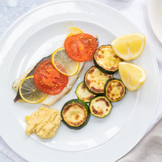 Sea Bass with Tarator Sauce - Recipe photo by Searchingforspice