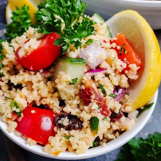 Mediterranean couscous salad - Recipe photo by brokebankvegan