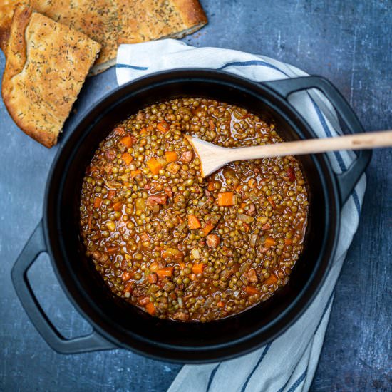 Hearty Lentil Stew with Pancetta - Recipe photo by skinnyspatula