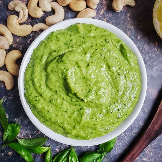 Easy 5-Minute Vegan Basil Pesto - Recipe photo by brokebankvegan