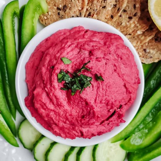 Creamy Roasted Beet Hummus - Recipe photo by brokebankvegan