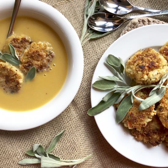 squash soup with chicken croquettes - Recipe photo by ahintofrosemary