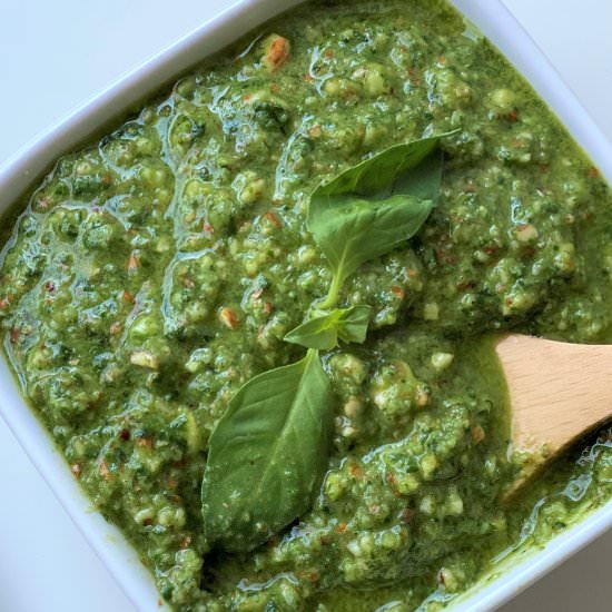 Easy Vegan Almond Pesto - Recipe photo by thegranoladiaries