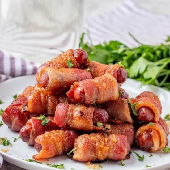 Brown Sugar Bacon Wrapped Smokies - Recipe photo by noshingwiththenolands