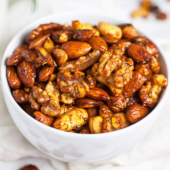 Maple Rosemary Glazed Spiced Nuts - Recipe photo by therusticfoodie