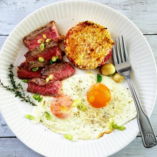 Steak and Eggs With Panko Tomatoes - Recipe photo by ThrowdownKitchen