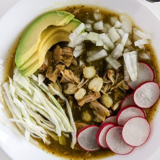 Vegan pozole verde with jackfruit - Recipe photo by platefulofveggies