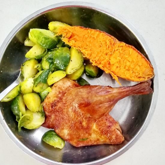 Roast Duck, Brussel Sprouts, Potato - Recipe photo by escapetofood