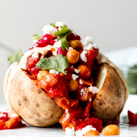 Loaded Moroccan Chickpea Potatoes - Recipe photo by upbeetkitchen