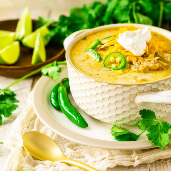 Creamy White Chicken Chili - Recipe photo by Burrata and Bubbles