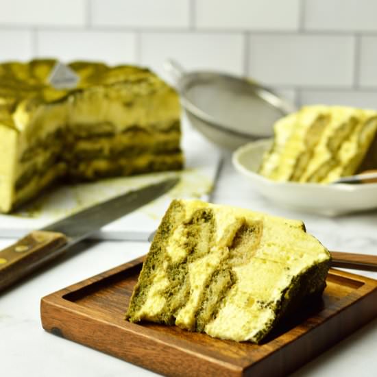 Eggless Matcha Tiramisu Cake - Recipe photo by Jaja Bakes